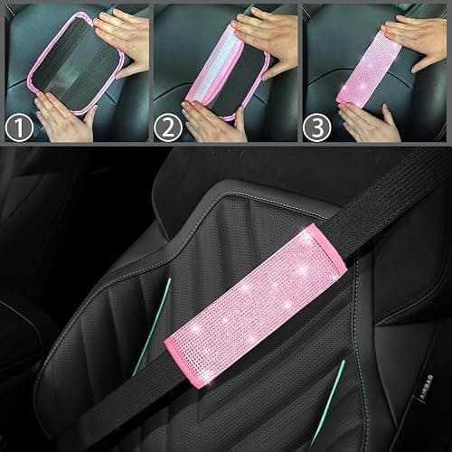 NBTEPEM 30 Pcs Pink Bling Car Accessories Set for Women, Pink Steering Wheel Cover Set, Bling Console Cover, Seat Belt Cushion, Shift Knob Cushion, Cup Coaster, Rhinestone Car Hanging Accessories thumbnail 5