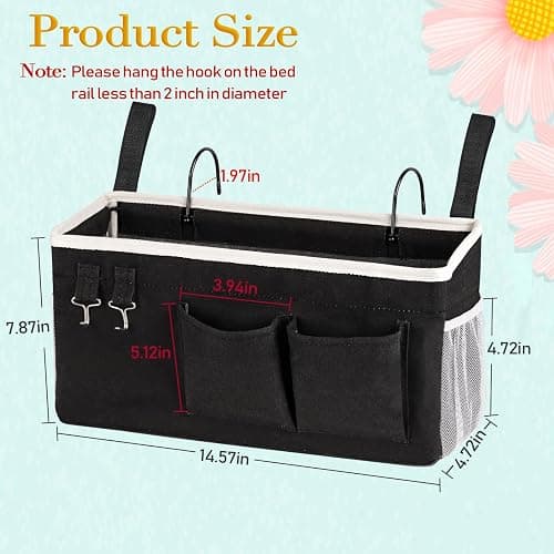 Ozzptuu Bedside Storage Caddy/Bedside Hanging Storage Bag for Headboards Bunk Beds Dorm Rooms Book Phone Magazine Holder (Black) thumbnail 2