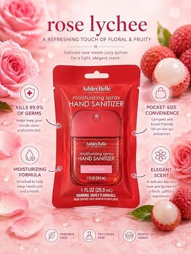 AshleyBelle Moisturizing Spray Hand Sanitizer Variety Pack – Sweet Floral Morning, Rose Lychee, Lemon Sugar Blossom & Blueberry Freesia – Travel Size Pocket Hand Sanitizer Spray, 1 FL OZ Each, 4 Pack thumbnail 3