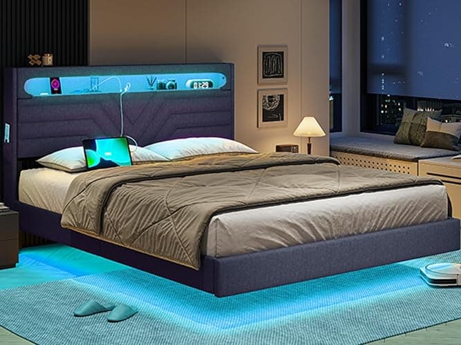BTHFST Floating Bed Frame Full Size with RGB LED Lights Headboard, USB-C/A Power Outlets, Linen Upholstered Platform Bed with Storage Headboard, Innovative Stable Structure, Dark Gray thumbnail 3