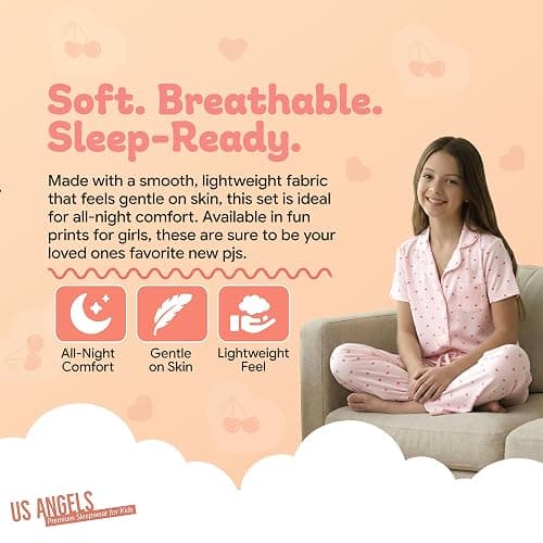 US Angels Girls Pajama Set 3 Piece, Short Sleeve Button Down PJs with Shorts & Pants, Soft Sleepwear Girls & Tweens Size 5-16 thumbnail 4