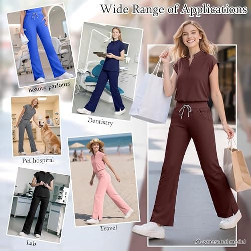 Dvoliaw Scrubs for Women Set, Sleeveless 9-Pocket Straight Leg Yoga Waist | Stand-up collar top, straight leg pants side slits. Soft stretch knit. Yoga waist. Wrinkle-free. For nurses/docs/vets. thumbnail 4