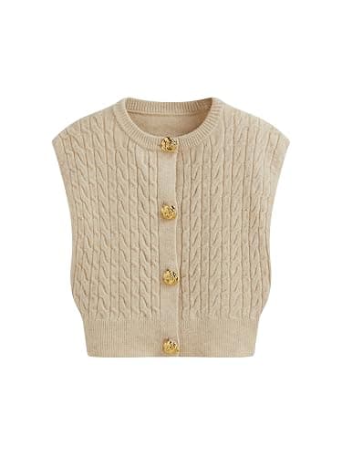 CIDER Sleeveless Knit Cardigan Sweater Women Crew Neck Casual Rose Button Cable Knit Vest - Image 1