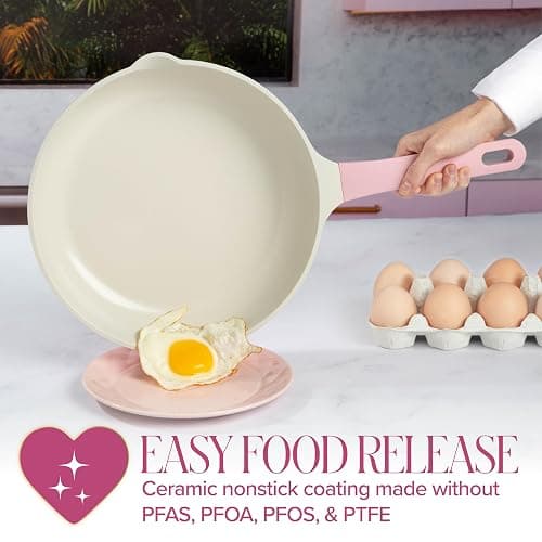 Paris Hilton Ceramic Cast Aluminum Nonstick Fry Pan, Fast & Even Heating with Easy Pour Spouts & Comfort-Grip Handle, 11-Inch, Pink thumbnail 3