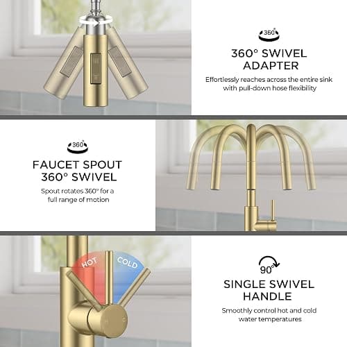 FORIOUS Gold Kitchen Faucet with Pull Down Sprayer, Modern Single Hole Kitchen Sink Faucet with Soap Dispenser, Deck Plate, Single Handle, High Arc Stainless Steel for RV Bar Farmhouse Laundry thumbnail 8