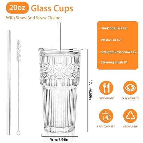 SoulTimes 20oz Ribbed & Floral Glass Tumbler Set of 2 – Reusable Glass Cups with Lid and Glass Straw, Iced Coffee Cups for Water, Smoothie, Milk, Cocktail & More – Perfect for Daily Use & Travel thumbnail 3