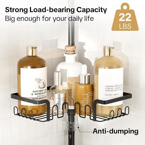 THKVESN Corner Shower Caddy Tension Pole Adjustable 29–124 Inch, 4 Tier Rustproof Shower Organizer Shelf Rack, Quick Installation Bathroom Storage Shower Caddy Corner Pole, Black thumbnail 4