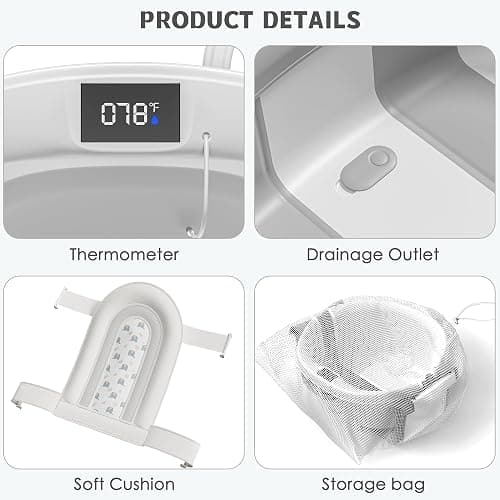Himold Collapsible Baby Bathtub for Newborn to Toddler 0-36 Months, Spacious Foldable Infant Bath Tub with Thermometer, Cushion & Drain Hole, Portable Travel Tub Grey thumbnail 5