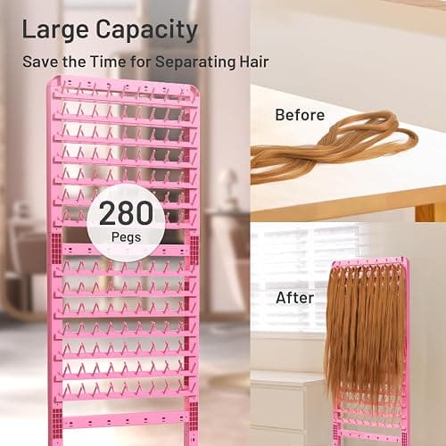 Yumkfoi Adjustable 2-Sided Braiding Hair Rack - 280 Pegs, Standing With Wheels, Pink Separator for Stylists thumbnail 3