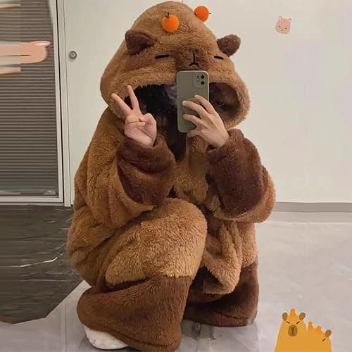 Whedai Unisex Capybara Costume Warm Flannel Cute Animal One-Piece Pajamas, Halloween Christmas Sleepwear Jumpsuit Pajamas Brown thumbnail 6