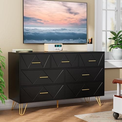 JOZZBY Dresser for Bedroom, 7 Drawer Black Wooden Dresser with Gold Handles, Modern Storage Dressers & Chests of Drawers for Hallway, Entryway thumbnail 3