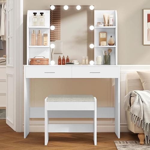 FIONESO Vanity Desk with Mirror & Lights, Makeup Vanity Table with 2 Large Drawers, 6 Storage Shelves & Stool, Bedroom Dressing Vanity Table with 3 Color Light Adjustable, White thumbnail 5