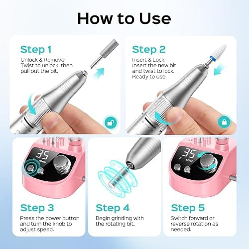 COSLUS E50 Professional Electric Nail Drill File with Upgraded Steady Power | 35000 RPM, LED Display, for Acrylic, Gel & Natural Nails, Easy to Use, Home DIY & Salon Use, Women, Nail Art Practice, Pink thumbnail 7