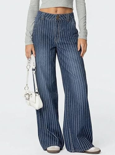 Justalwart Women's Mid Rise Striped Baggy Barrel Jeans Wide Leg Denim Pants thumbnail 3
