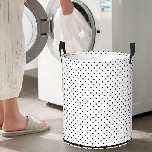 Large Laundry Basket, Modern Black and White Polka Dot Laundry Hamper Bag 19.6" Collapsible Washing Bin With Handles for College Dorm, Family Essentials Storage thumbnail 2