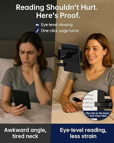 Kindle Holder with Remote Page Turner, Kindle Stand for Bed Reading, No Text Blocked 6mm Clip, No Margin Adjustments, Whisper-Quiet Page Turns, Fits 4.7-10" Devices (Paperwhite/Oasis, iPad/iPhone) thumbnail 3