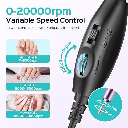 COSLUS C40 Electric Nail Drill, Nail Files for Gel Acrylic Nature Nails, Adjustable Speed 0-20000RPM, Portable Manicure Pedicure Set with 6 Drill Bits 31 Sanding Bands, E File Beginner Girl Women Mum thumbnail 3