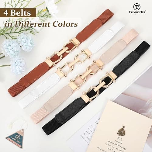4 Pack Women Skinny Elastic Belts Gold Buckle Thin Stretchy Waist Belts for Dresses thumbnail 7