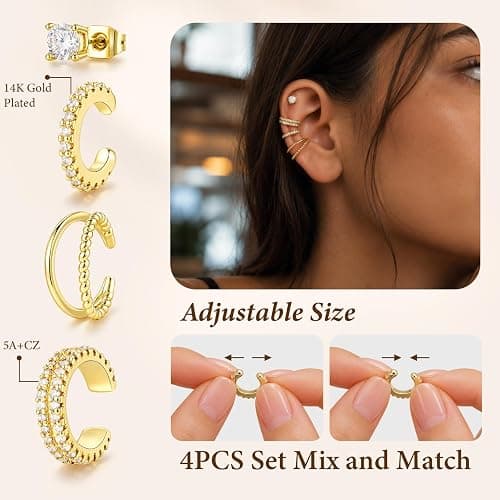 4PCS 14K Gold/Silver Ear Cuff, Clip On Earrings, Ear Cuffs Non Piercing thumbnail 3