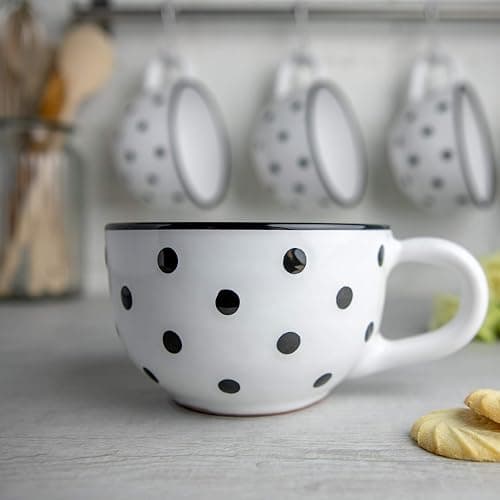 City to Cottage Handmade Ceramic Designer White And Black Polka Dot Cup, Unique Extra Large 17.5oz/500ml Pottery Cappuccino, Coffee, Tea, Soup Mug | Housewarming Gift for Tea Lovers thumbnail 2