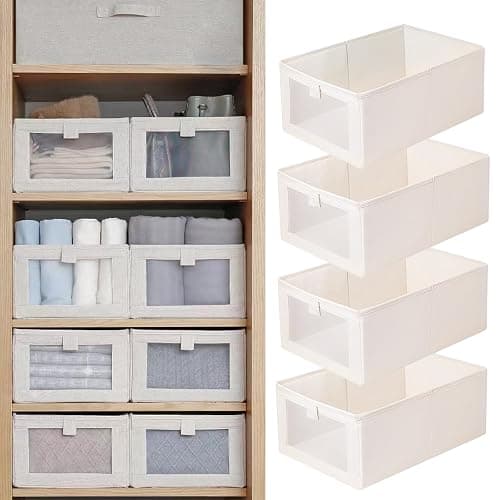 Pradnel Linen Closet Organizers And Storage, 4 Pack Storage Bins Baskets for Organization Foldable Organizer with Clear Window Organizing Clothing, Jeans, Shelves - Image 1