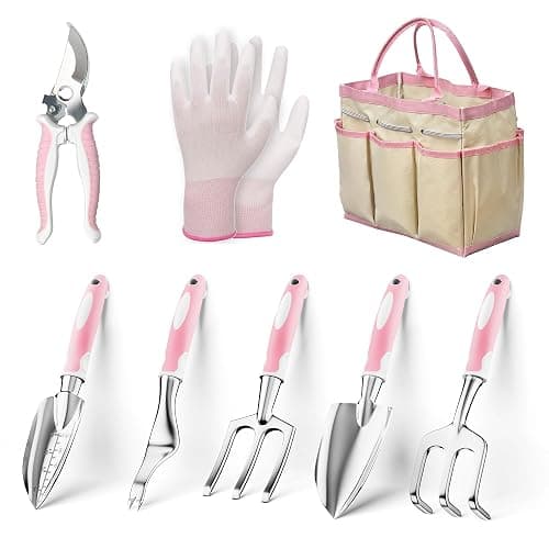 Garden Tools, 8 Piece Gardening Tools with Bag, Heavy Duty Stainless Steel Garden Tools Set, Outdoor Hand Tools, Ideal Garden Tool Kit Gifts for Women Pink. - Image 1