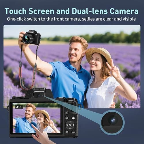 8K Digital Camera for Photography, WiFi & 4" Touch Screen Vlogging Camera for YouTube with Dual-Lens, 64MP Vlog Cameras 16X Digital Zoom with 32GB TF Card, 3000mAh Battery, Lens Hood, Black thumbnail 3