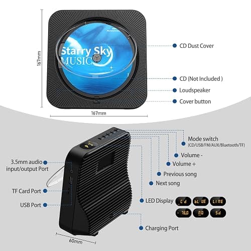CD Player Portable Bluetooth 5.1 Desktop CD Player with HiFi Sound Speakers,Remote Control,Dust Cover,LED Display,Boombox FM Radio,USB/AUX for Home,Kids (Black) thumbnail 7