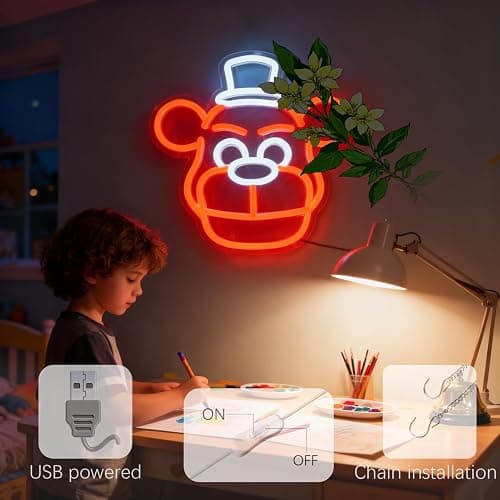 Cute Five Nights Bear Neon Sign, Anime Neon Light for Wall Decor Bedroom, Children's Room, Birthday, Festival Decorations, USB Powered Orange Color White, 11.8inch x 11.8 inch thumbnail 2