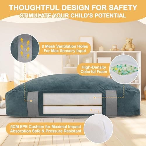 FINCOME 5'x 5' Crash Pads for Kids Sensory Gray Crash Pads with Foam Blocks Washable Velvet Cover Sensory Crash Pad for Climbing Gymnastics Sensory Pad for Sensory Tool, Schools, Sensory Therapy thumbnail 3