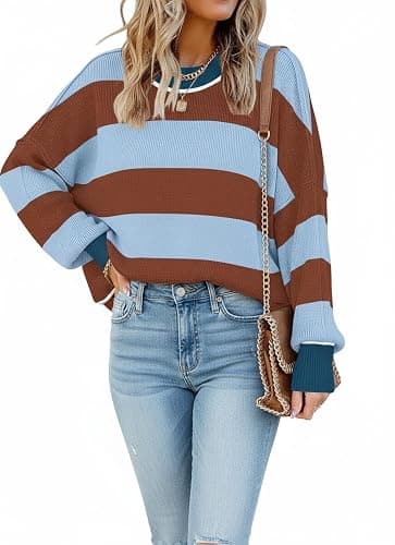 ETCYY Womens Oversized Sweaters Fall 2025 Fashion Clothes Trendy Batwing Sleeve Colorblock Striped Knit Pullover Tops thumbnail 6