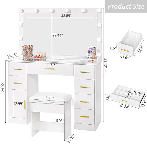 ANWBROAD Large Vanity Desk with Lighted Mirror White Makeup Vanity Set with Glass Top & Power Outlet & 7 Drawers Storage 3 Color Lighting Modes Dressing Table with Stool for Bedroom Women Girl UBDT83W thumbnail 2