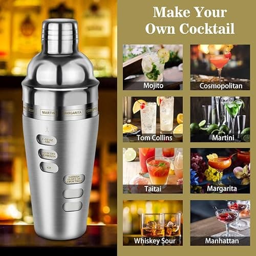 Cocktail Shaker Martini Shaker Set with Recipe, 24 oz Martini Shaker Drink Shaker Drink Mixer Stainless Steel Cocktail Shaker Set Bartender Kit thumbnail 7