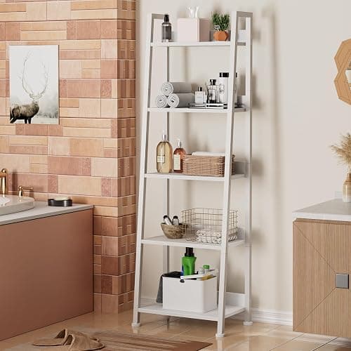 Furologee 5-Tier White Ladder Shelf, Ladder Bookshelf with Removable Drawer, Mordern Bookcase Storage Rack Organizer, Wood Metal Freestanding Storage Shelves for Living Room, Home Office, Bedroom thumbnail 7