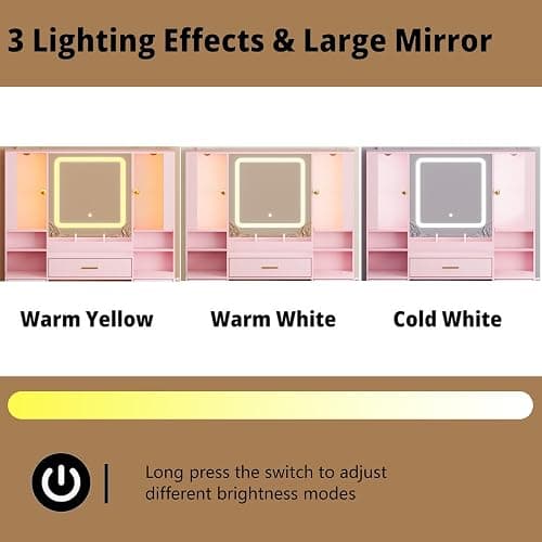 BORNOON Makeup Vanity with LED Light Strip Mirror and Chair, 7 Drawers & 2 RGB Cabinets Pink Vanity Makeup Desk with Power Strip, Adjustable LED Lighting, and Cushioned Stool for Women, Girls, Teens thumbnail 5
