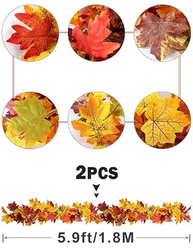 wohohoho 2 Packs Fall Garland Maple Leaf, 5.9Ft/Pieces Fall Leaves Garland 7 Maple Leaves Hanging Vines for Autumn Decor Halloween Thanksgiving Christmas Indoor Outdoor Decorations | Artificial Fall Leaves Garland with Hooks, Autumn Thanksgiving Halloween Decor for Mantle Fireplace Door Indoor Outdoor thumbnail 3