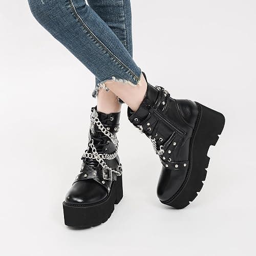 QPAO Women's Fashion Goth Boots,Black Chunky Platform Combat Ankle Booties Zipper Punk Boots Mid Calf Boots for Women thumbnail 2