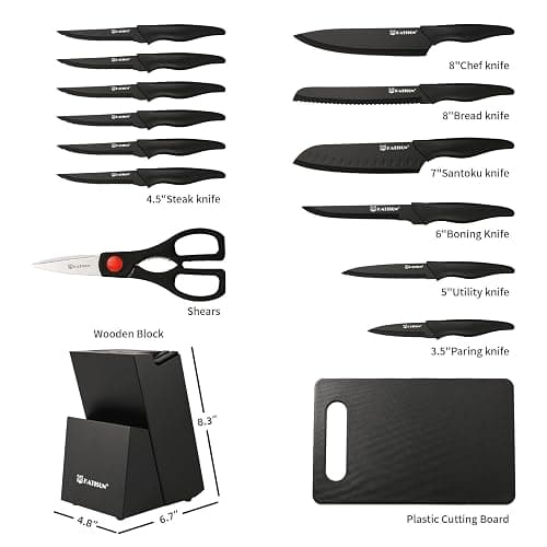 KATISUN 16 Pieces Kitchen Knife Block Set with Cutting Board, German Stainless Steel Knife Set with Sharpener, Dishwasher Safe, Anti-Slip Handle, 6 Steak Knives, Black thumbnail 3