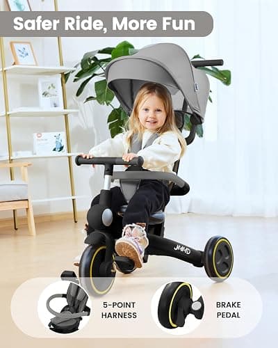 JMMD Baby Tricycle, 7-in-1 Multifunctional Kids Trike with Adjustable Parent Handle, Safety Harness & Wheel Brakes, Removable Canopy, Stroll Trike for Boys & Girls Ages 18 Months-5 Years, Black thumbnail 6