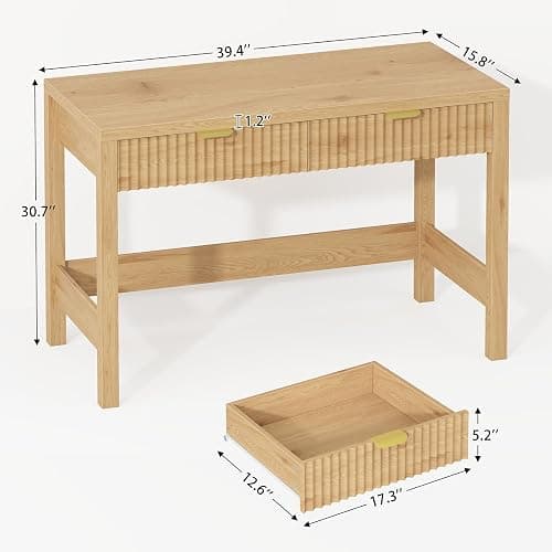 YOMILUVE Fluted Computer Desk with 2 Drawers, 39 Inch Small Computer Desk with Storage, Compact Writing Study Desk for Small Spaces thumbnail 2