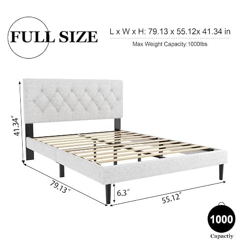 HAOARA Full Size Platform Bed Frame with Upholstered Button Tufted Headboard, Mattress Foundation with Wooden Slat Support, Noise Free, No Box Spring Needed, Easy Assembly, Light Grey thumbnail 2