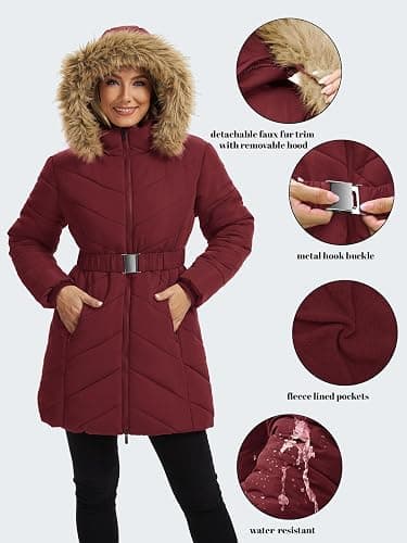 Funlingo Women's Winter Puffer Coat with Removable Hood Double Zipper Thickened Long Parka Jacket with Elastic Waistband thumbnail 3