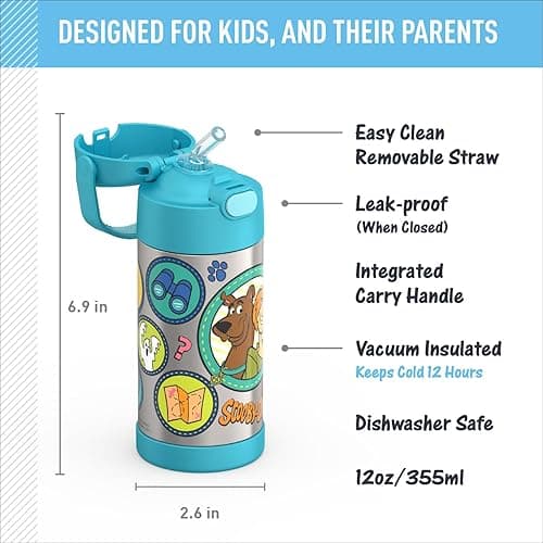 THERMOS FUNTAINER Water Bottle with Straw - 12 Ounce - Kids Stainless Steel Vacuum Insulated Water Bottle with Lid, Scooby-Doo - Scooby-Doo - 12 Ounces thumbnail 2
