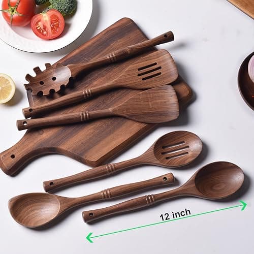Gudamaye 12 inch Black Walnut Wooden Utensils - 6 Pcs Crafting Spoon Set for Cooking thumbnail 3