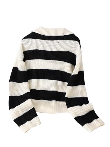WDIRARA Girl's Striped Sweater Collar Long Sleeve Pullover Letter Patched Knitted Top thumbnail 3
