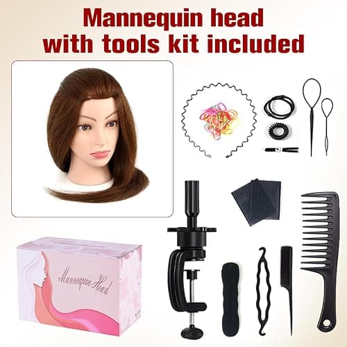 100% Mannequin Head Human Hair,22" Dark Brown Real Hair Cosmetology Mannequin Manikin Head Hair Styling Hairdressing Practice Training Doll Head with Clamp Holder and Tools thumbnail 8