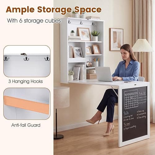 Tangkula Foldable Wall-Mounted Desk, Floating Desk with Chalkboard, Storage Shelves & Hooks, Space-Saving Murphy Table for Home Office, Bedroom, Dorm Room, Small Spaces thumbnail 6