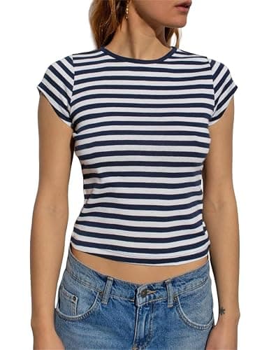 Alyweatry Women Polka Dot Striped Baby Tee Y2k Cute Graphic Short Sleeve Slim Fitted Going Out Crop Top Shirt - Image 1