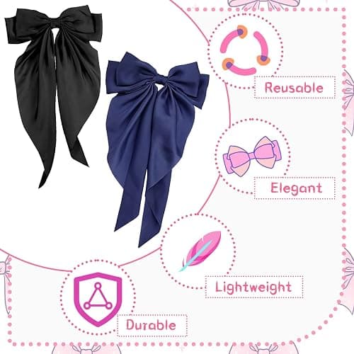 Bow Hair Clip, Hair Bows for Women Big Bowknot Hairpin French Hair Clips with Long Ribbon Solid Color Barrette Clips for Women Girls(Black+navy blue) thumbnail 6