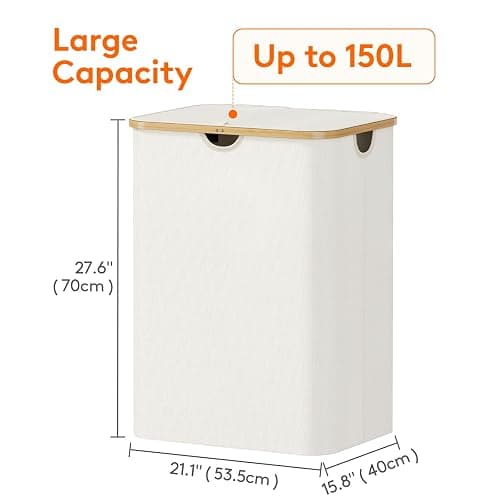 Lifewit 150L Laundry Basket with Lid, Clothes Hampers for Laundry with Bamboo Handles and 2 Removable Bag, Large Foldable Laundry Hamper for Bedroom, Bathroom, Dorm, Laundry Room, Off White thumbnail 3